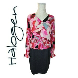 Halogen Size Medium Floral Long Sleeve Retro Polyester Blouse with Elastic Waist